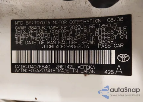 2009 Toyota Corolla Le from USA, damaged, VIN JTDBL40E299067016